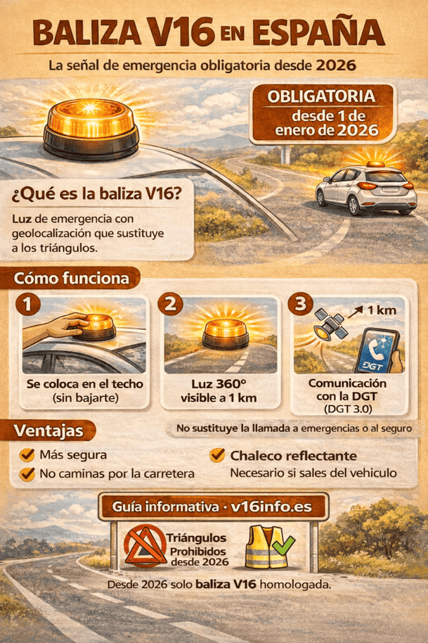 Infografía sobre la baliza V16 en España: obligatoriedad 2026, conectividad y colocación